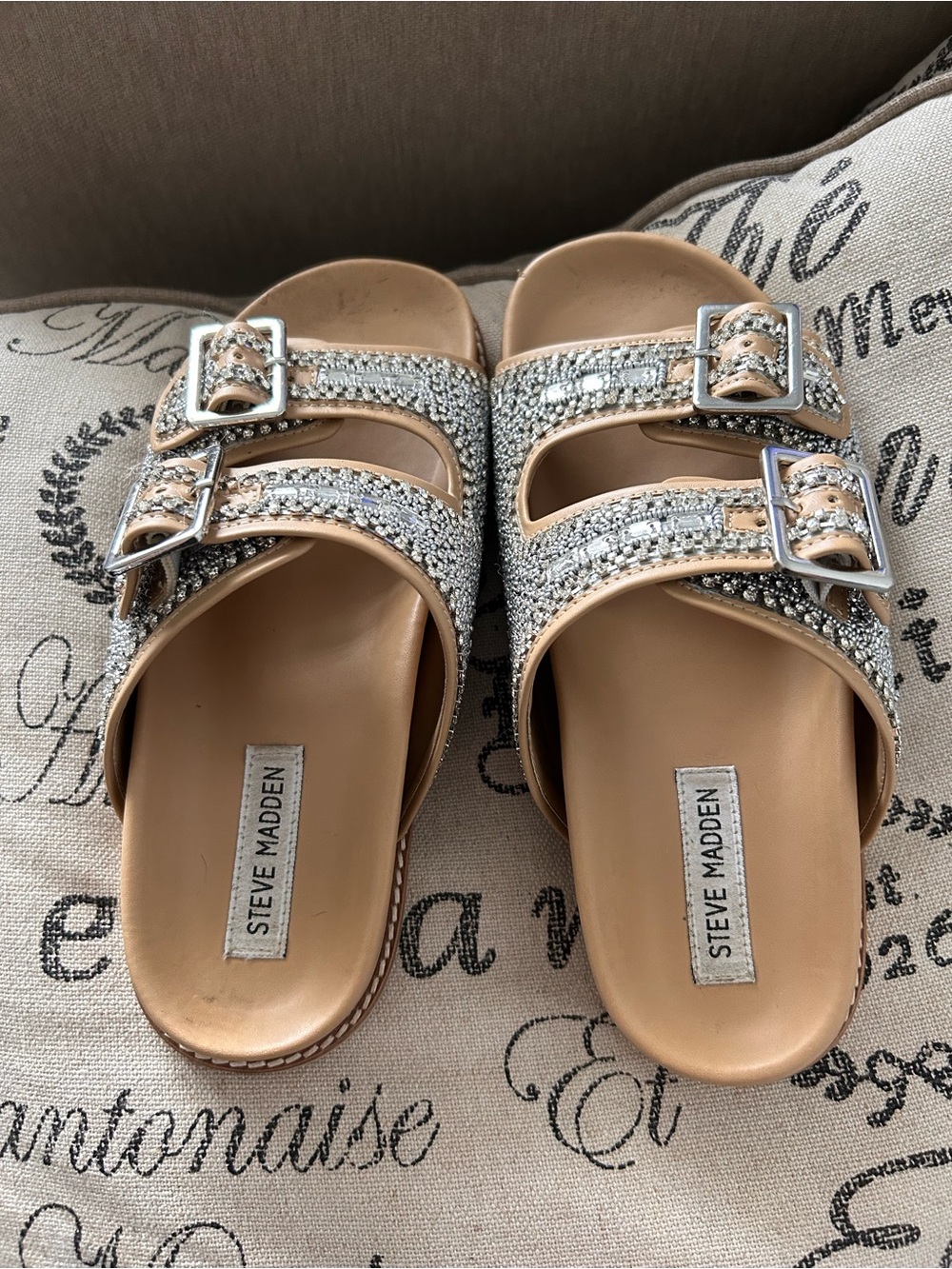 Steve Madden Tan and Silver Crystal Buckle Slide Mules